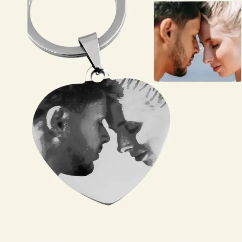 Gegraveerde sleutelhanger met foto en tekst zilverkleurig