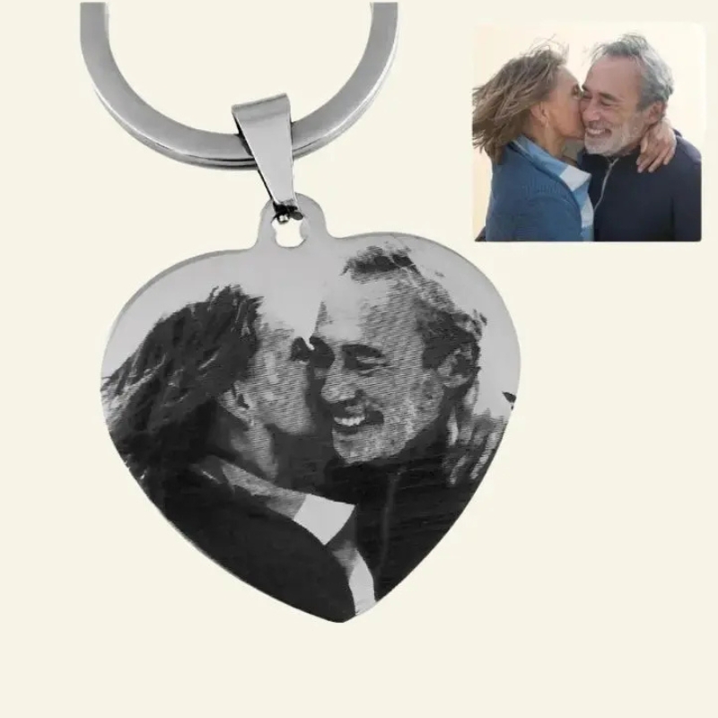 Gegraveerde sleutelhanger met foto en tekst zilverkleurig