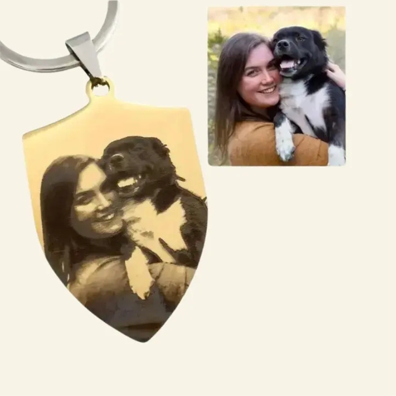 sleutelhanger met foto graveren goud kleur