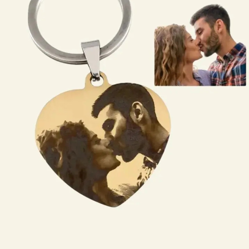 Gegraveerde sleutelhanger met foto en tekst goudkleurig